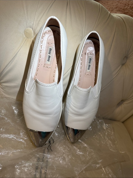 Miu Miu Shoes - Miu Miu White Leather Slip-On Loafers with Silver Cap Toe Accent